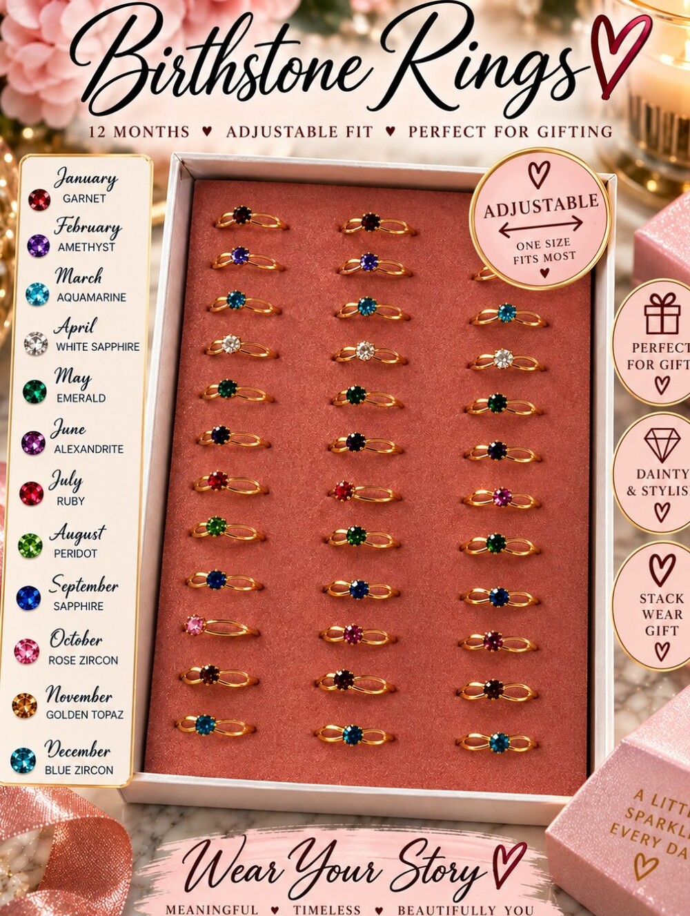 Pick Your Birthstone Ring – Goldtone Adjustable Monthly Birthstone Rings
